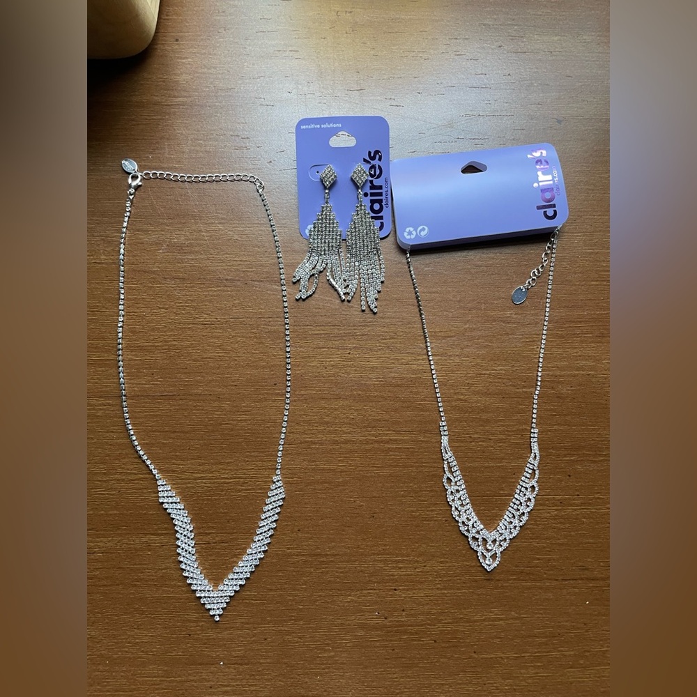 Lot of 3 Rhinestone Jewelry Claire's 2 Necklaces / Pair of Earrings Showgirl
